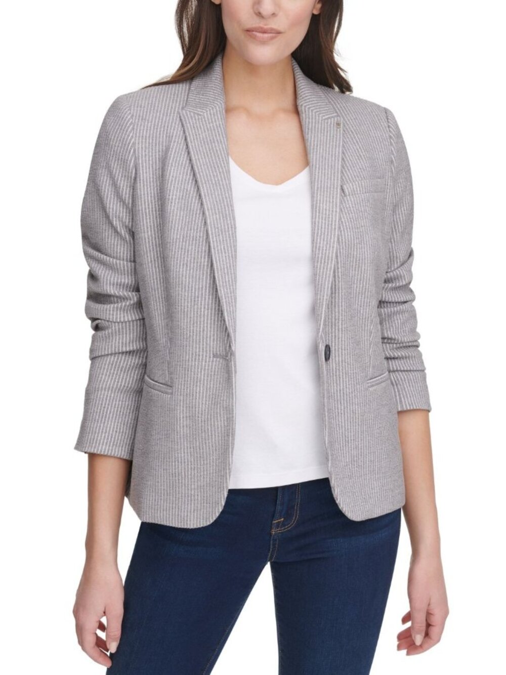 Tommy Hilfiger Linen Blend Striped One Button Blazer Light Greyish Blue & White